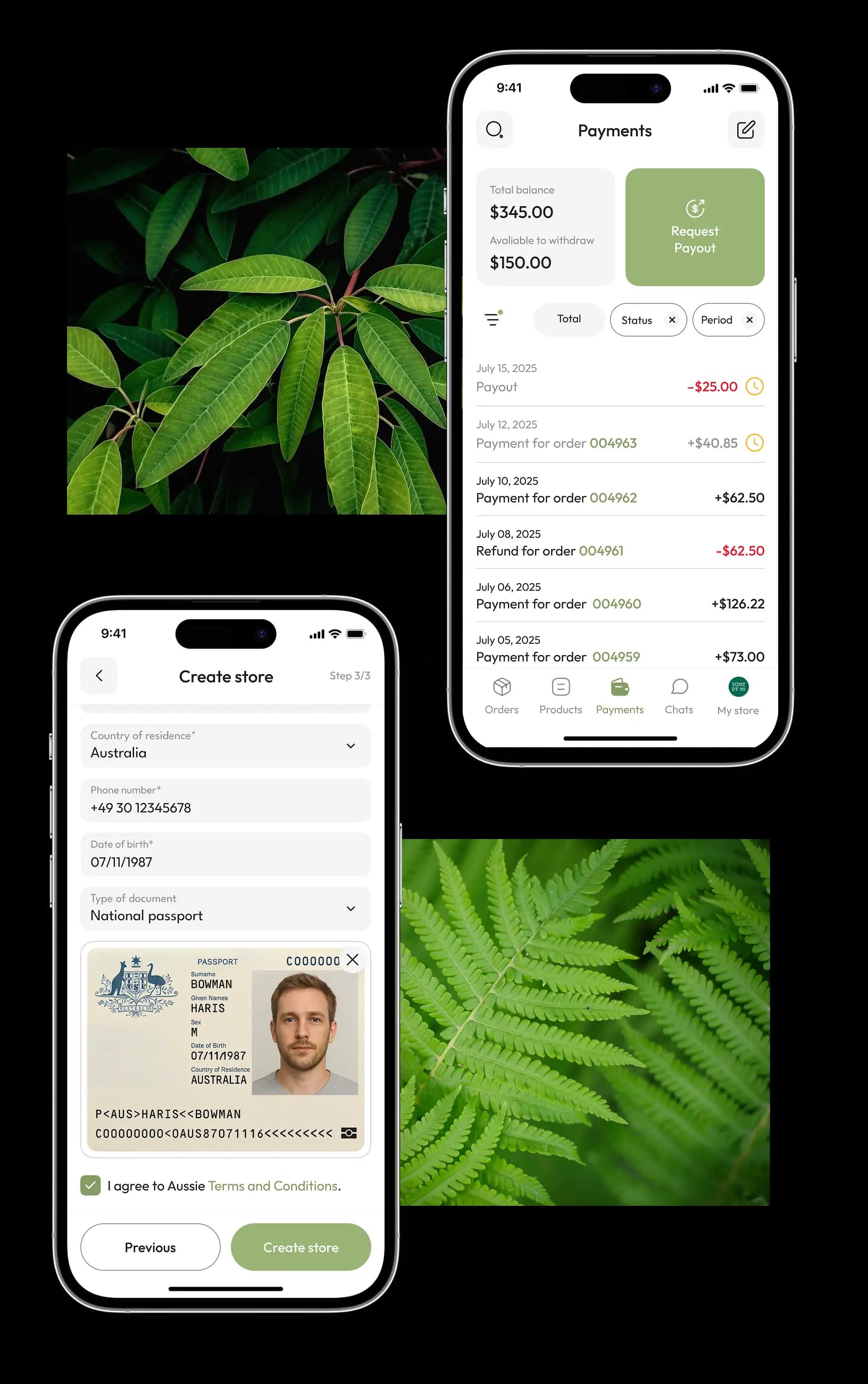 Two phones showing the payments screen and a seller identity verification flow with an Australian ID document.