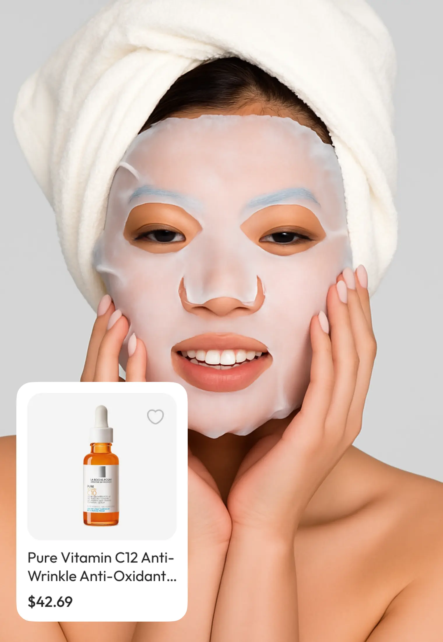 Woman wearing a sheet face mask with her hands to her cheeks next to floating product cards from the eco cosmetics catalog.