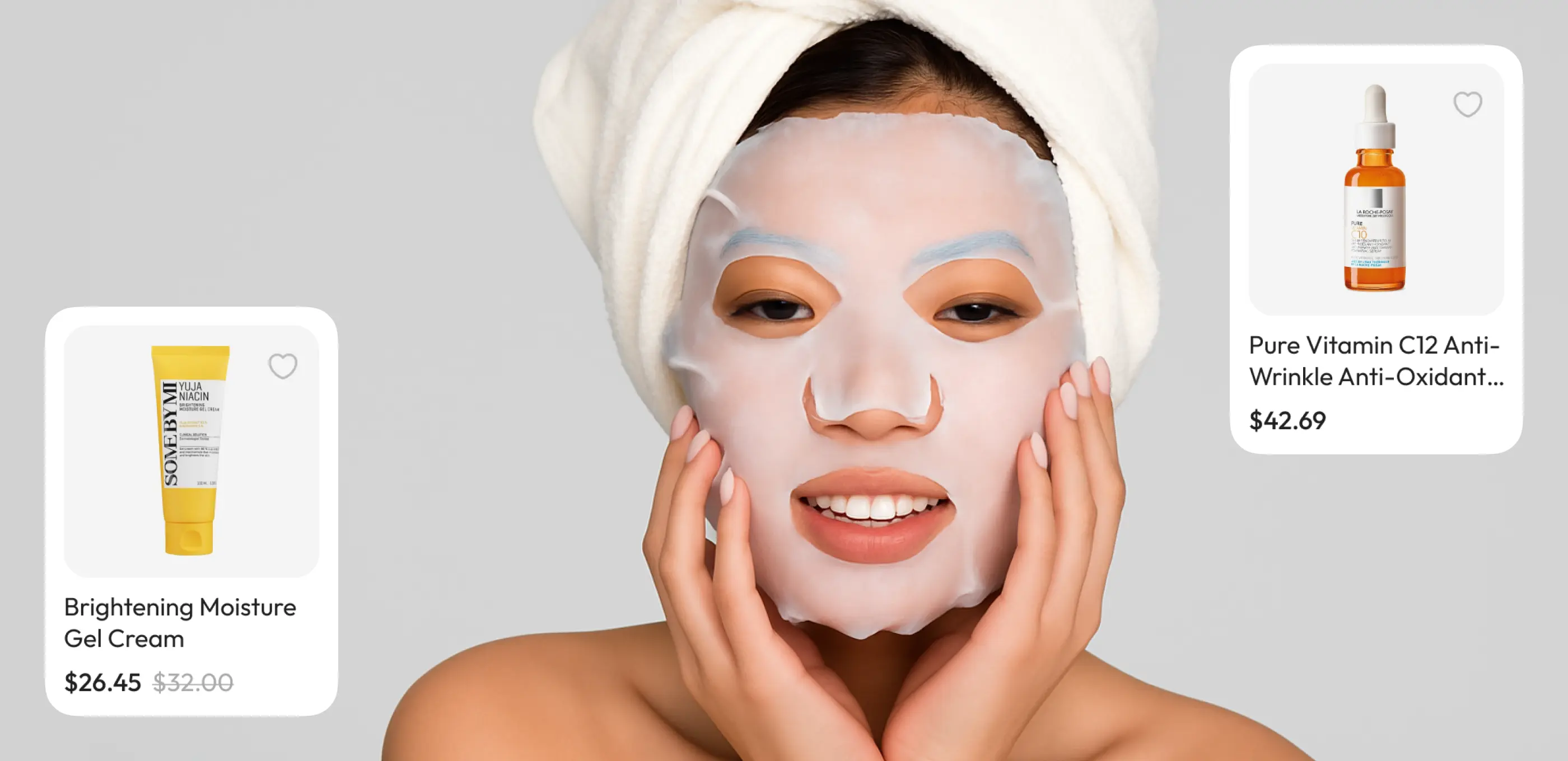 Woman wearing a sheet face mask with her hands to her cheeks next to floating product cards from the eco cosmetics catalog.
