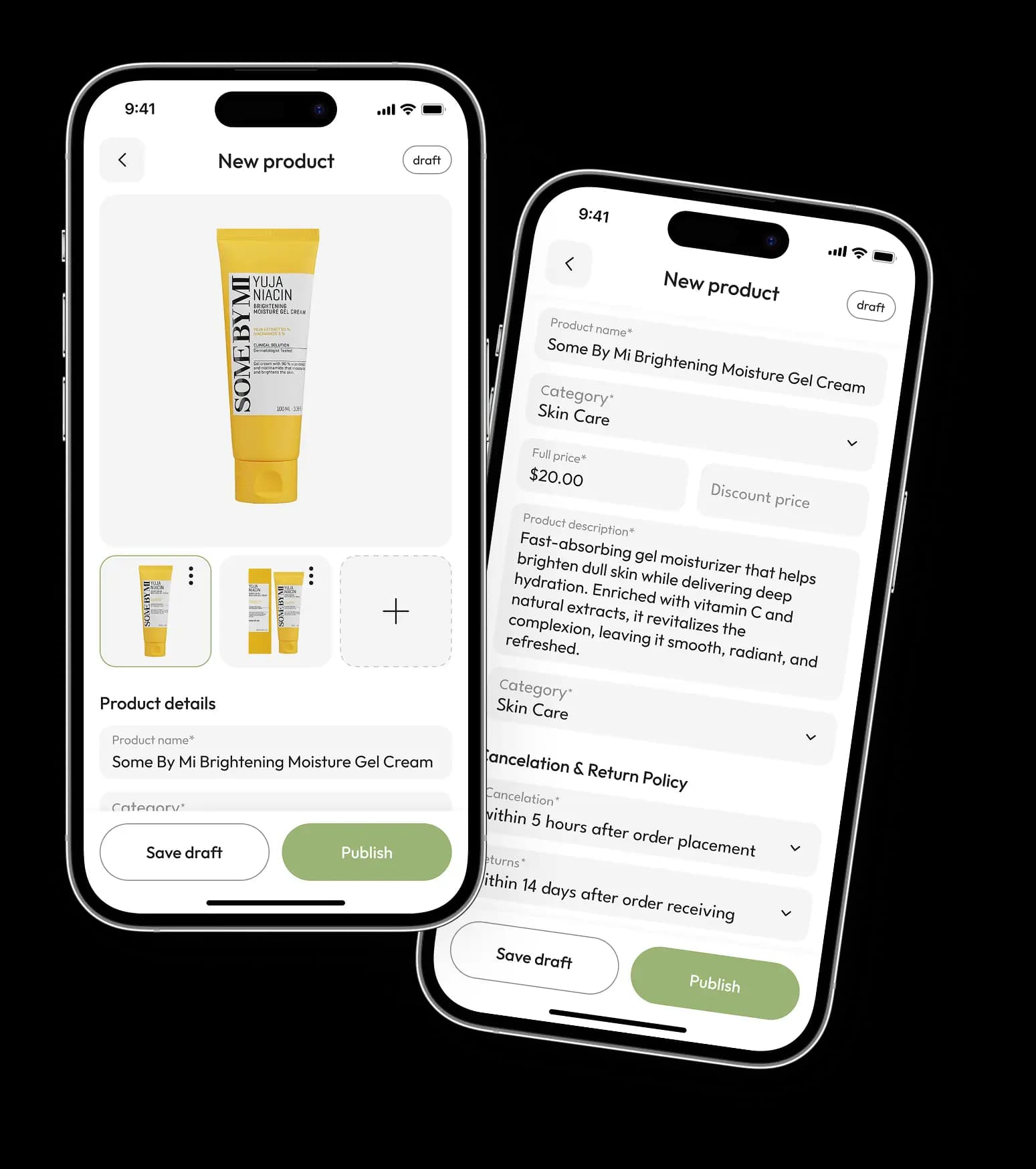 Two phones showing the seller add-new-product form for listing a cosmetic item with photos and pricing.