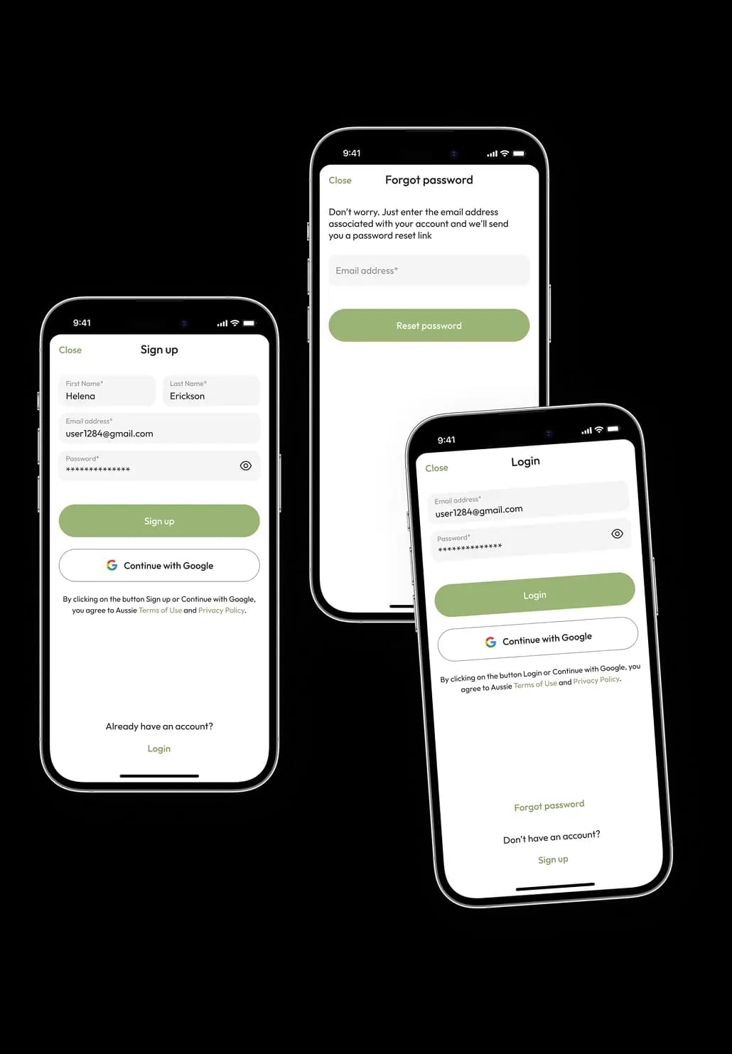 Phone screens showing the sign-up, login, and forgot-password authentication flow within the marketplace app.