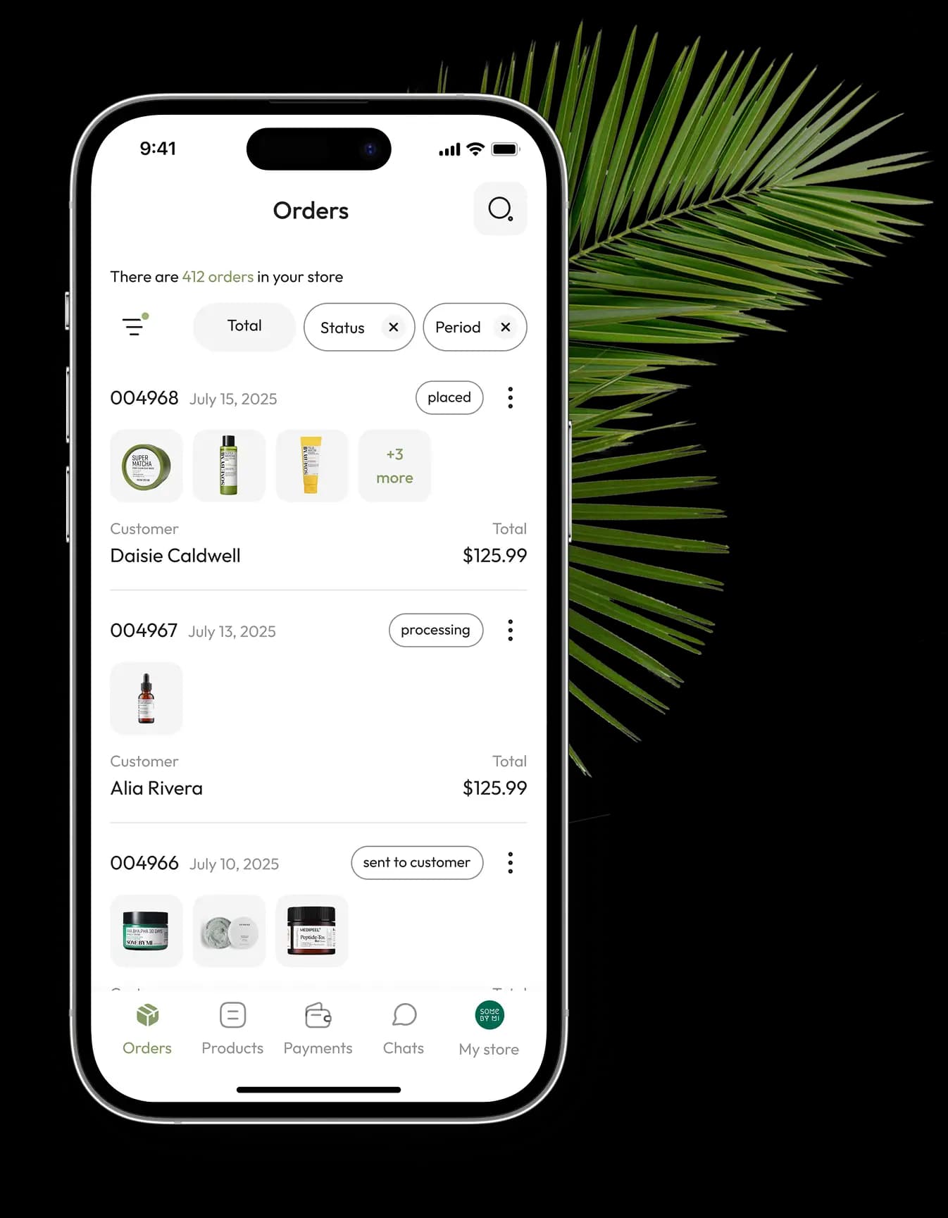 Phone showing the seller orders screen with status and period filters beside a palm leaf.