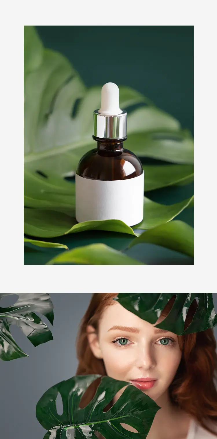 Woman peering through monstera leaves beside an amber cosmetic dropper bottle resting on a leaf.