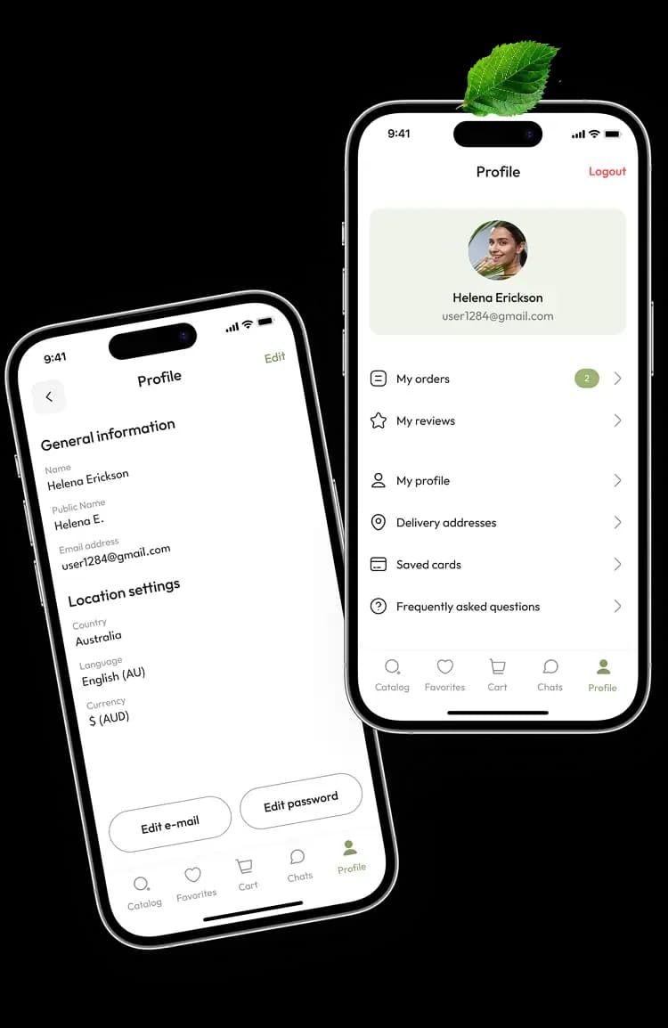 Two phones showing the user profile with general information settings and an account menu of orders and reviews.