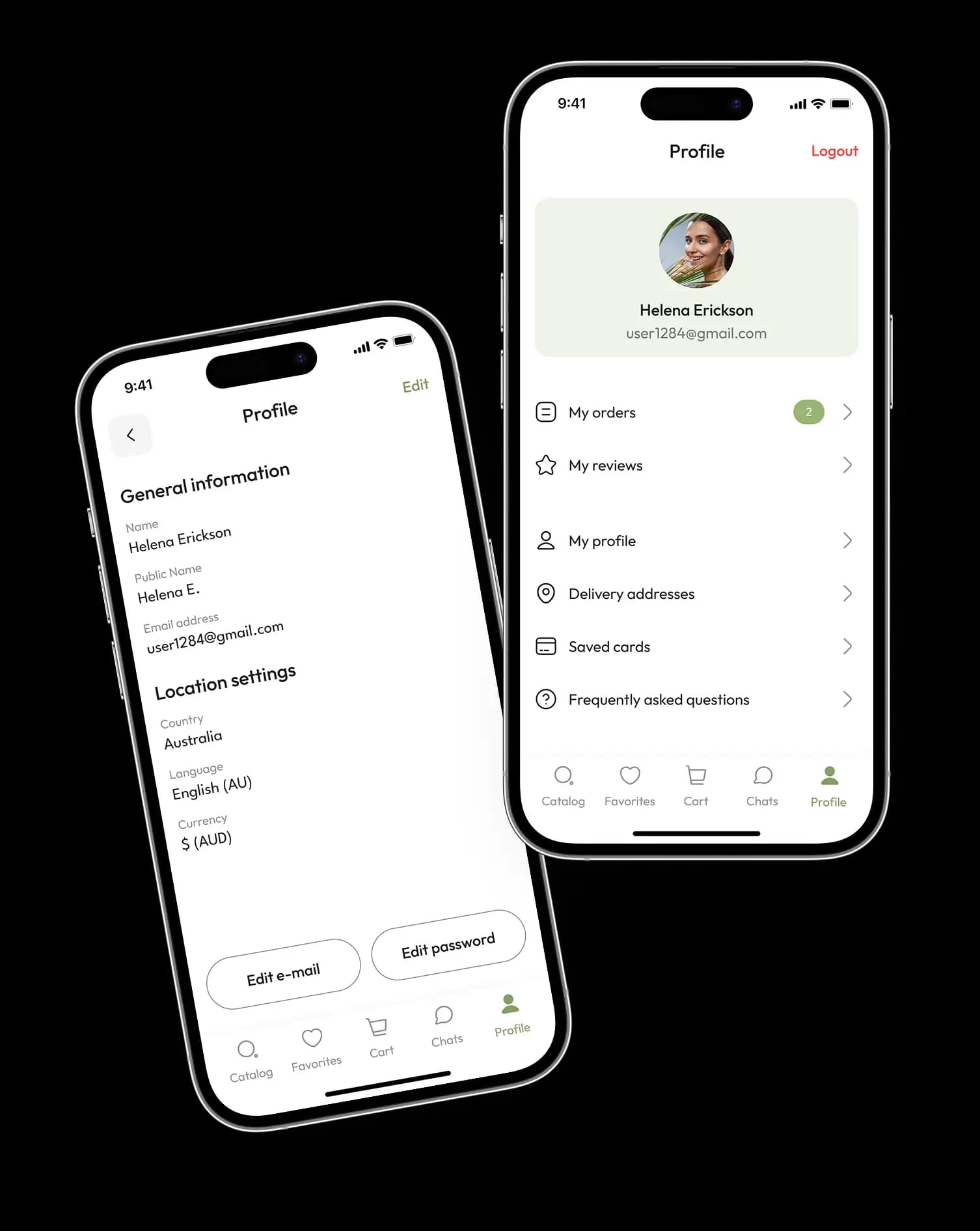 Two phones showing the user profile with general information settings and an account menu of orders and reviews.