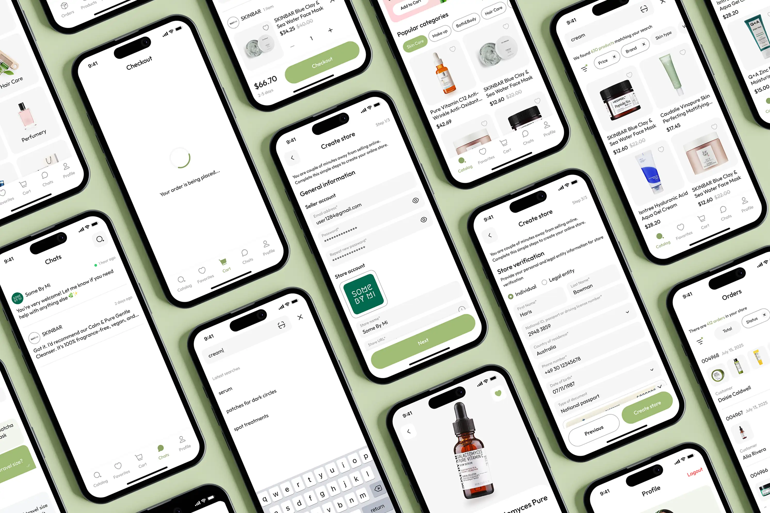 Scattered collage of many app screens showcasing the finished eco cosmetics marketplace interface.