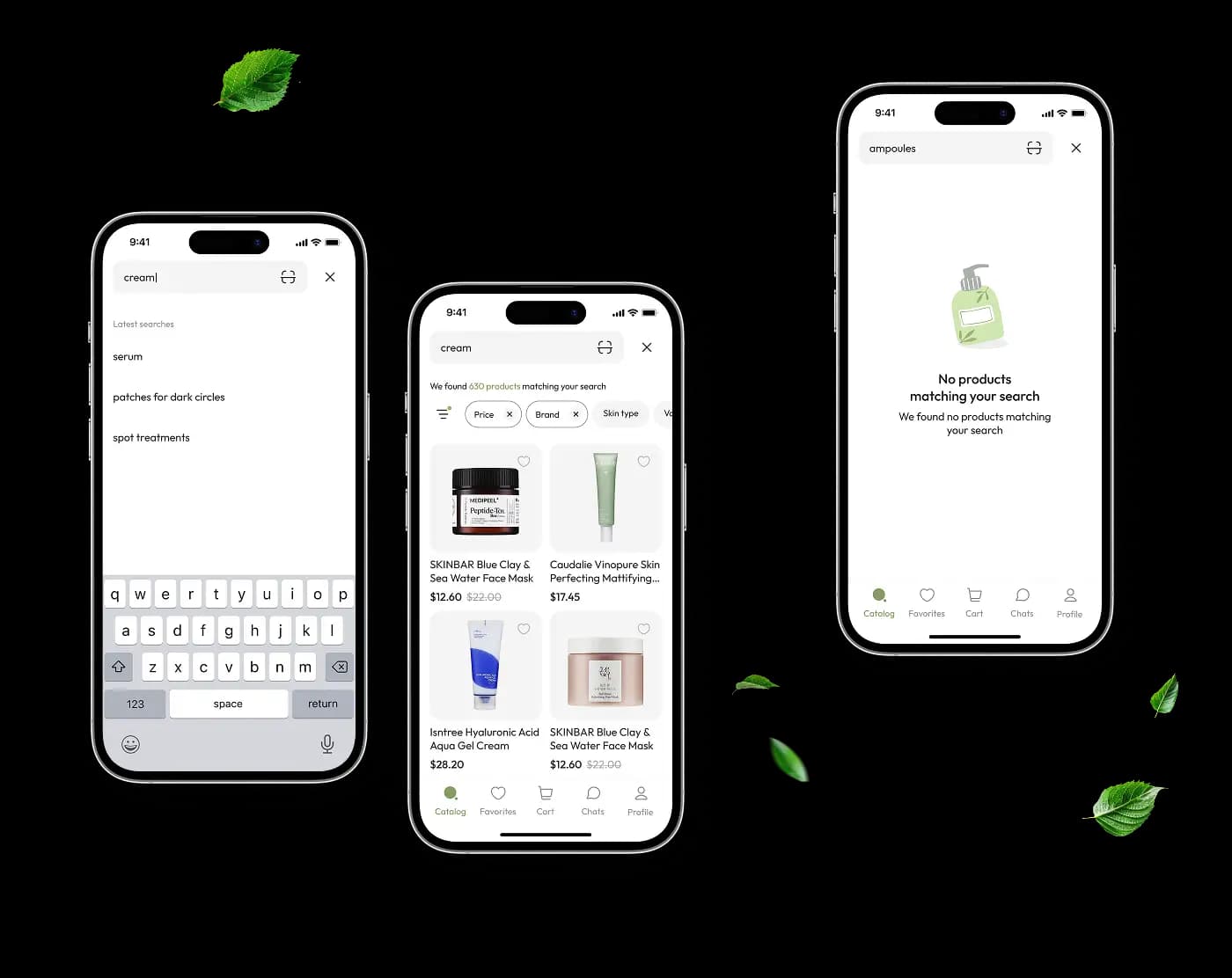 Three phone screens showing search input with recent queries, matching product results, and the no-results empty state.