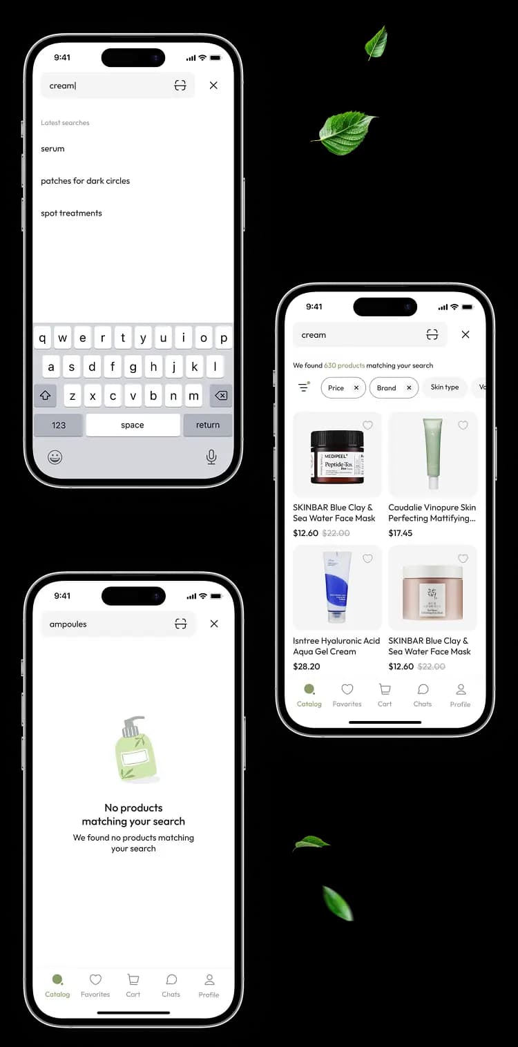 Three phone screens showing search input with recent queries, matching product results, and the no-results empty state.