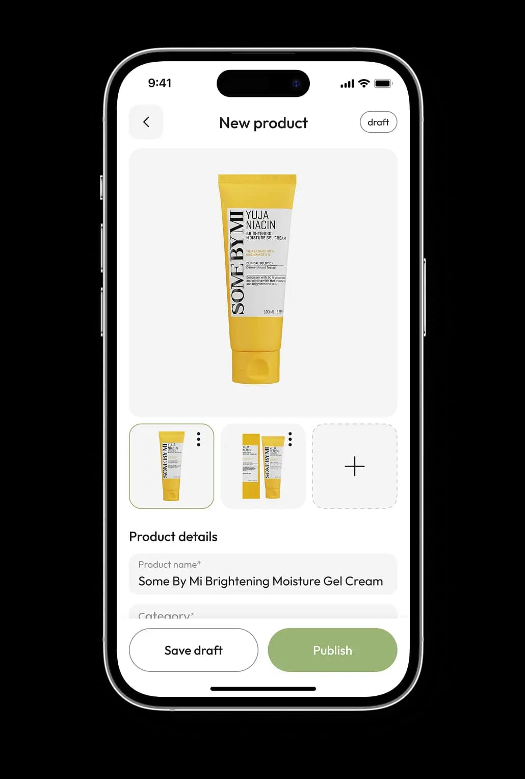 Phone showing a seller filling out the new-product form with save-draft and publish actions for a moisture cream.