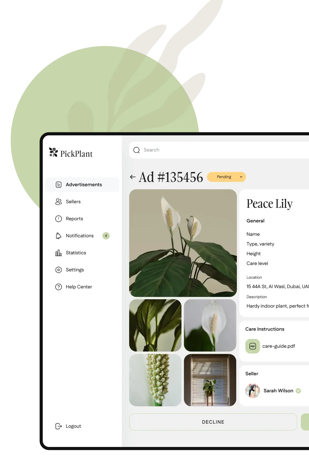 Admin panel reviewing a plant ad with photos, details, and seller info before publishing.