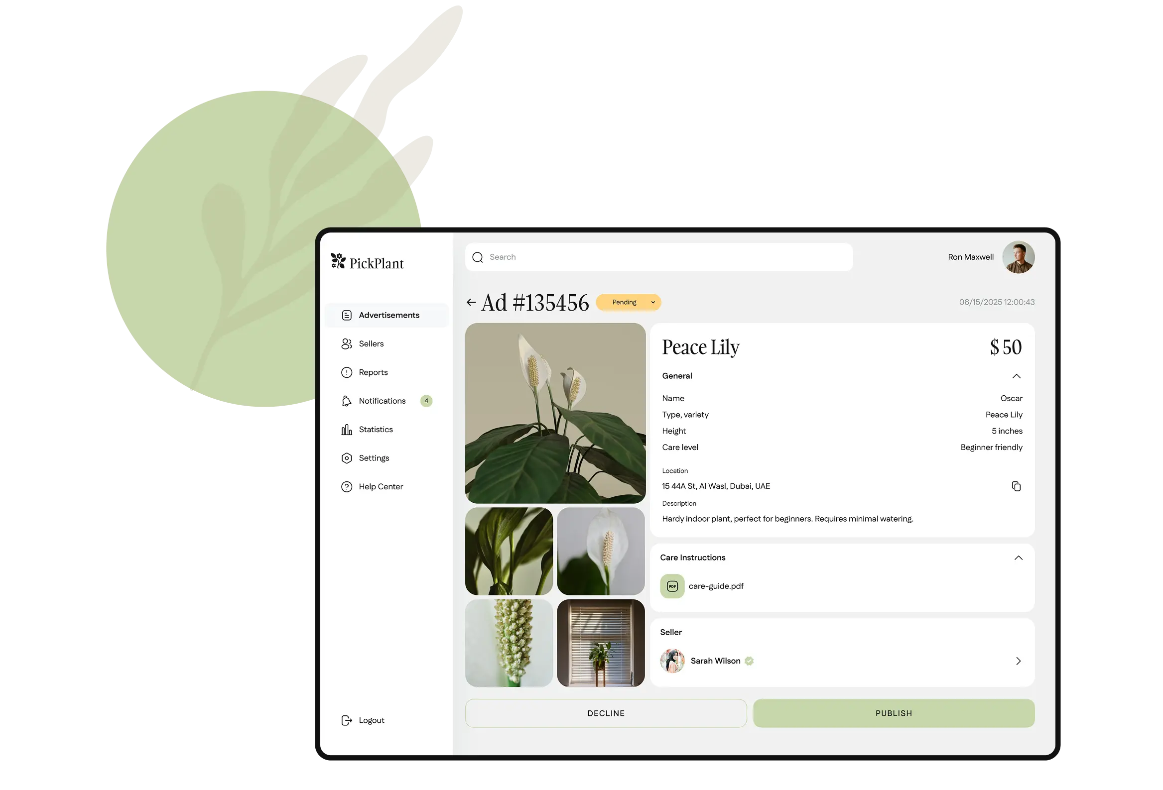 Admin panel reviewing a plant ad with photos, details, and seller info before publishing.