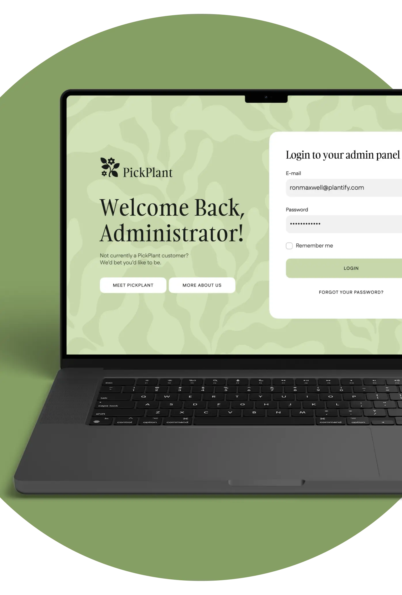 Laptop showing the plant marketplace admin panel login screen on a green background.