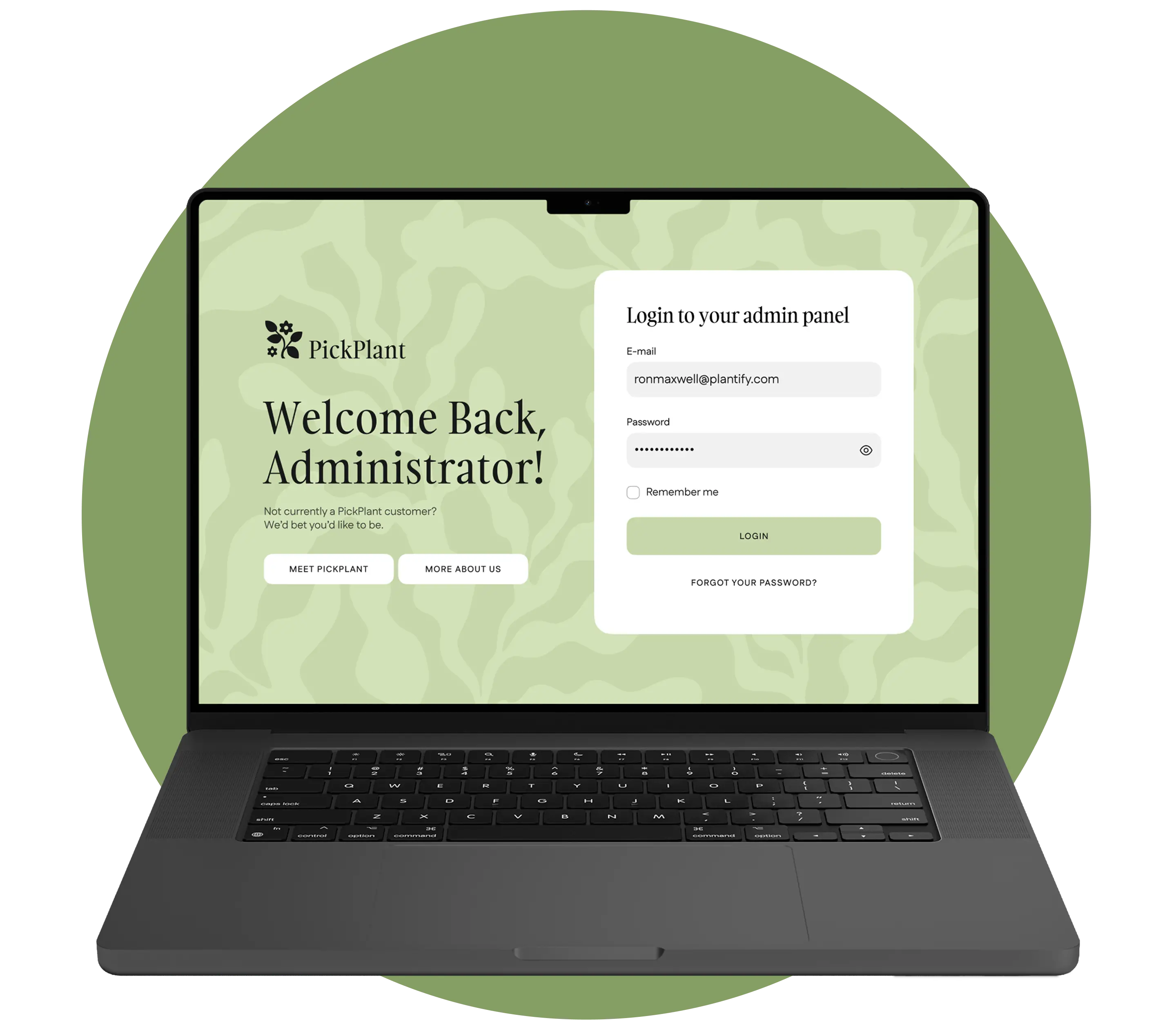 Laptop showing the plant marketplace admin panel login screen on a green background.