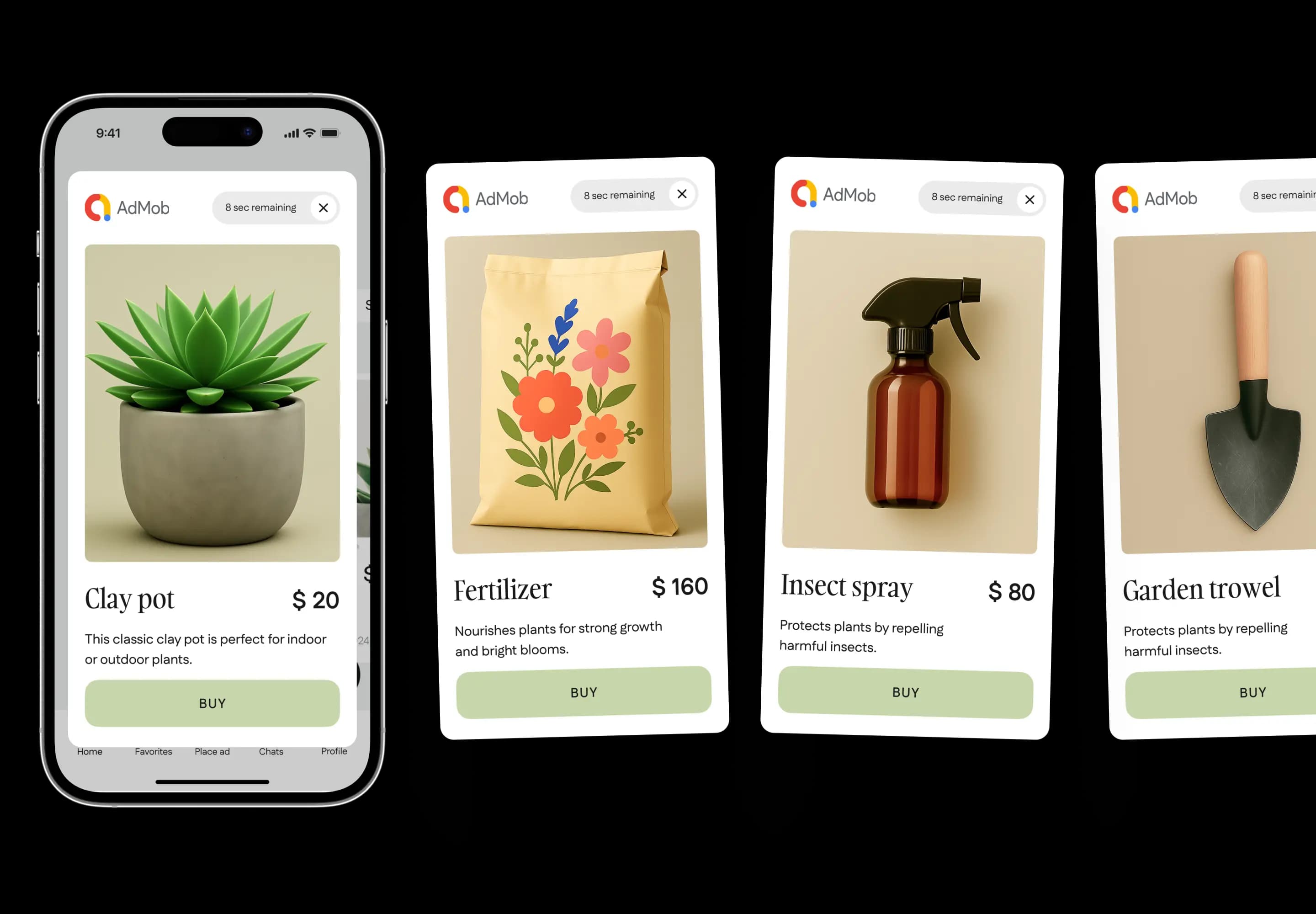Phone screens showing full-screen AdMob ads for plant products like pots and fertilizer.