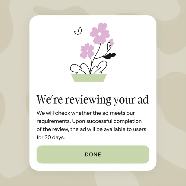 In-app notice telling the seller their plant ad is under review before publishing.
