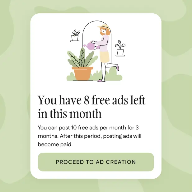 In-app notice telling a seller they have eight free plant ads left this month.