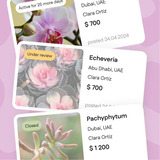 Plant ad cards showing active, under review, and closed statuses with prices.