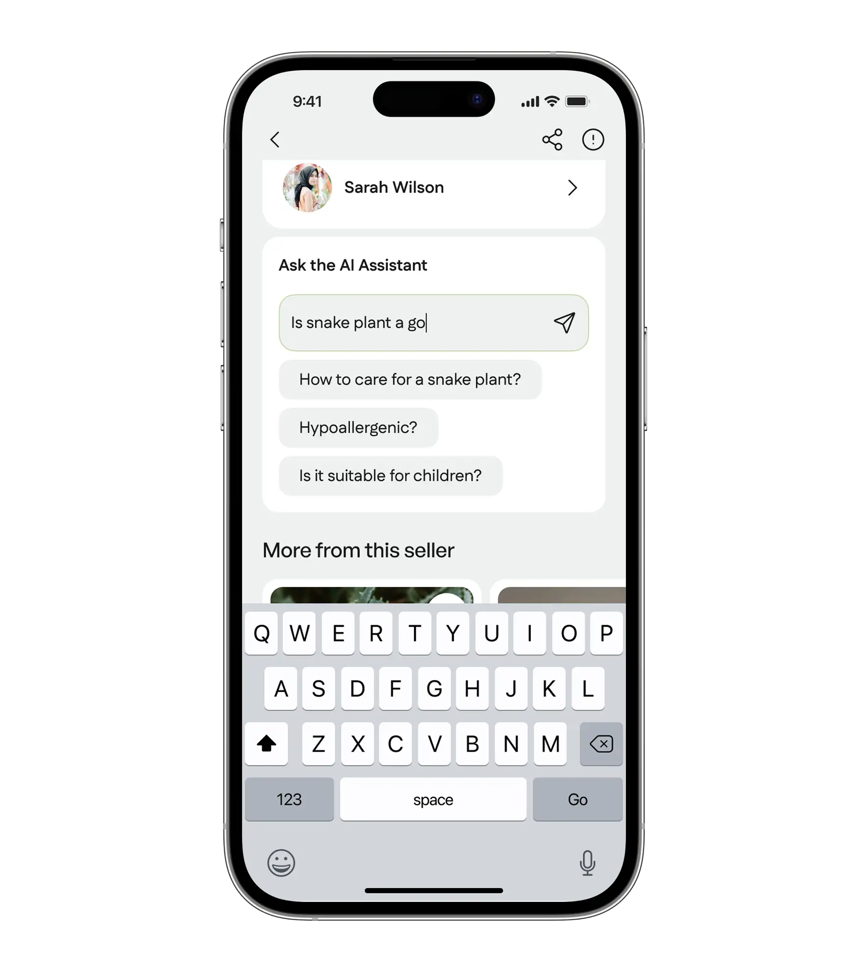 Phone screen with the AI assistant question box open on a plant listing.