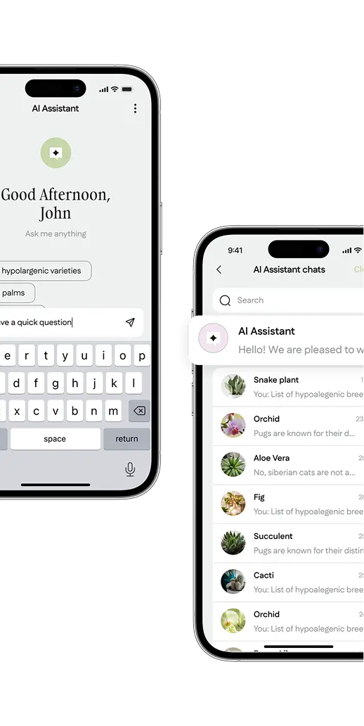 Phone screens showing the AI assistant welcome and its pinned chat list.