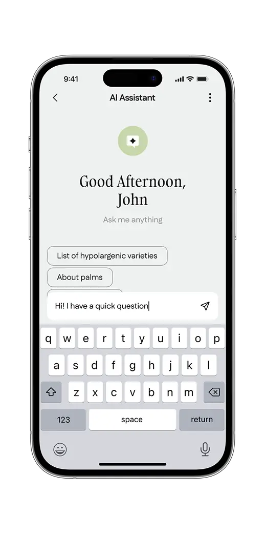 Phone screen showing the AI assistant welcome with suggested plant questions.
