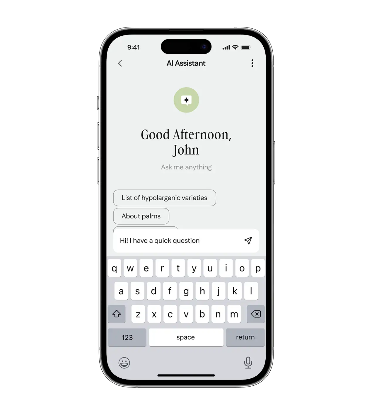 Phone screen showing the AI assistant welcome with suggested plant questions.