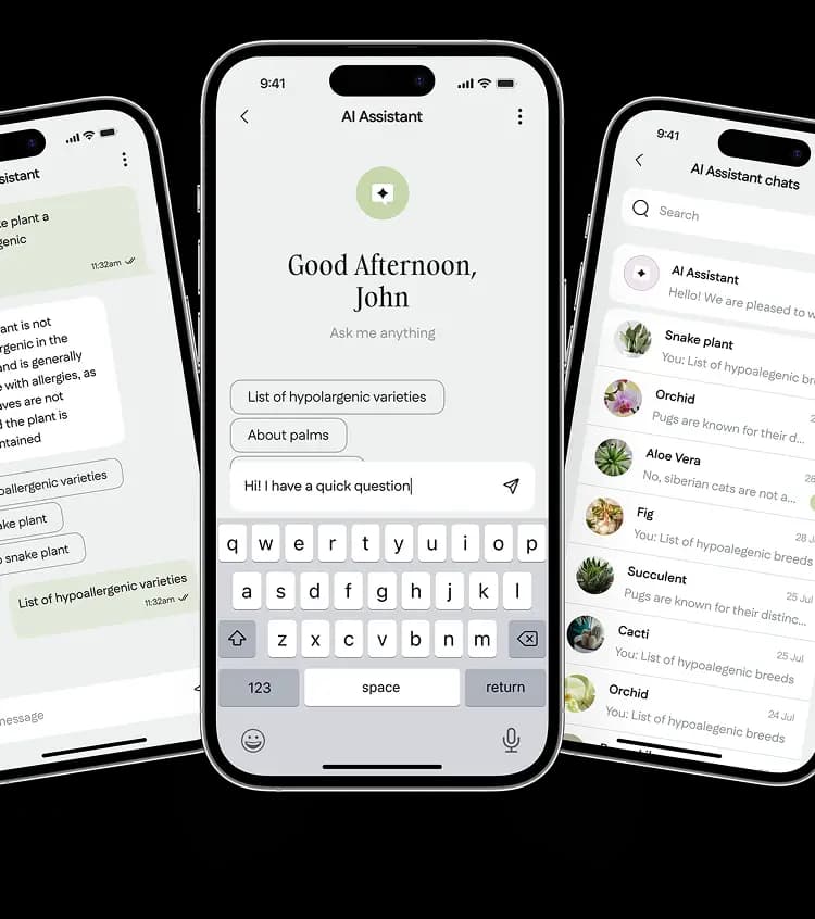 Three phone screens showing the app's AI assistant chat answering plant questions.