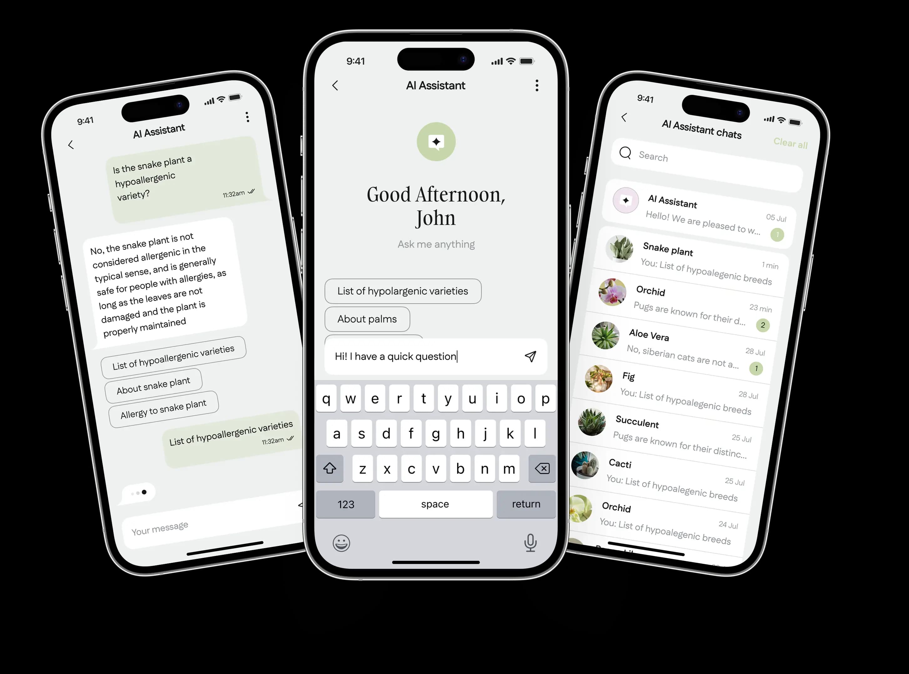 Three phone screens showing the app's AI assistant chat answering plant questions.