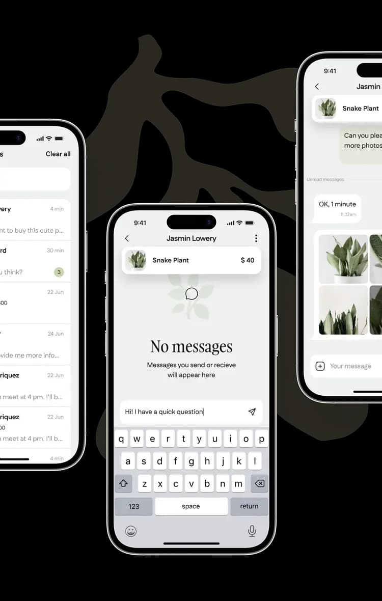 Three phone screens showing buyer-seller chat over a plant listing in the app.