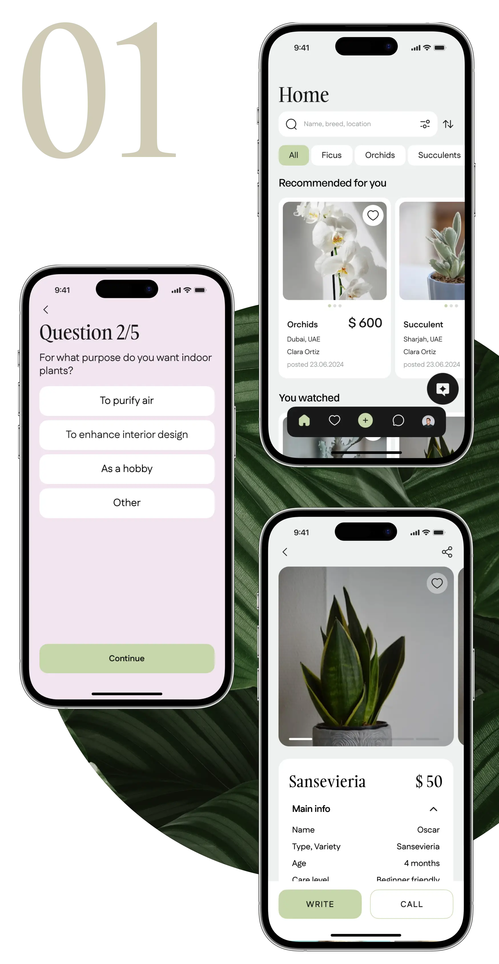 Phone mockups of the plant marketplace app shown on leaves, labelled concept 01.