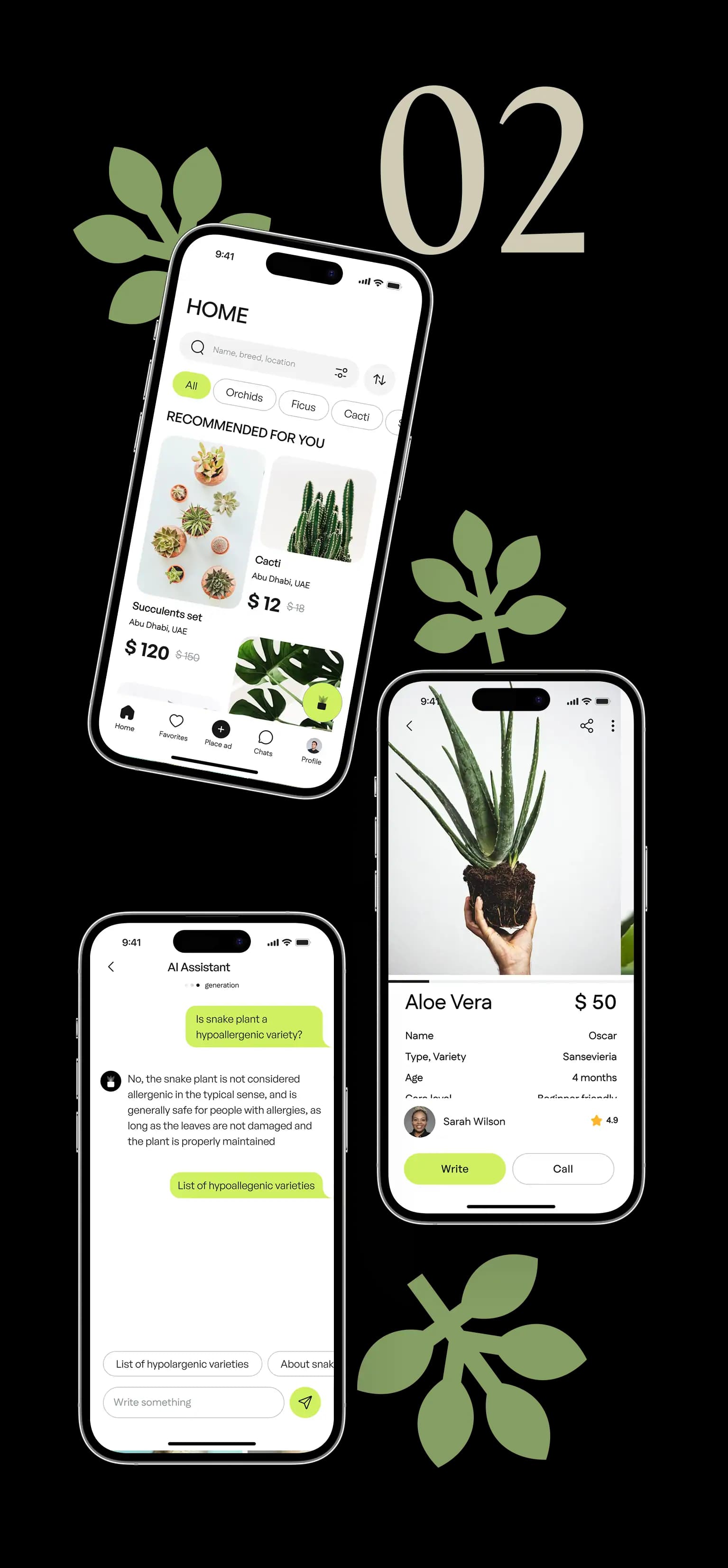 Phone mockups of plant listing and AI assistant screens with leaf accents, labelled concept 02.