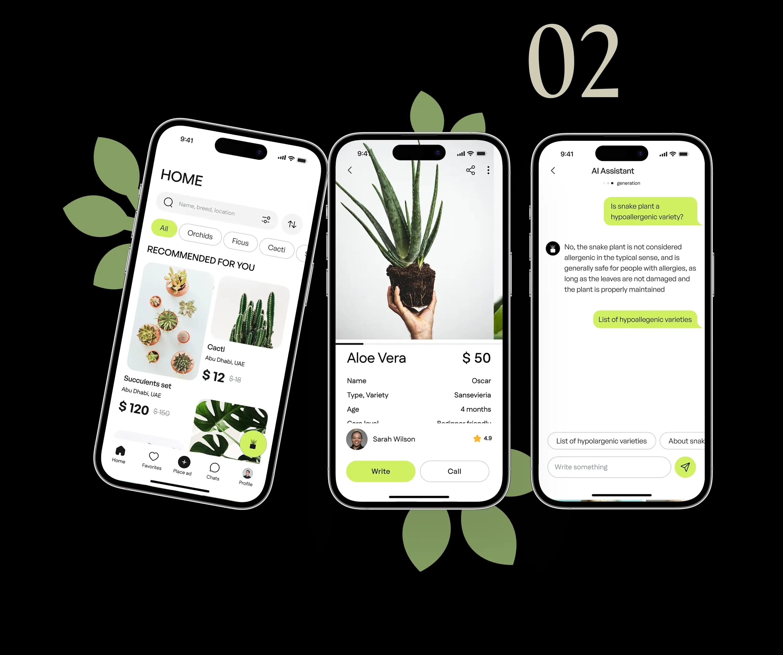Phone mockups of plant listing and AI assistant screens with leaf accents, labelled concept 02.