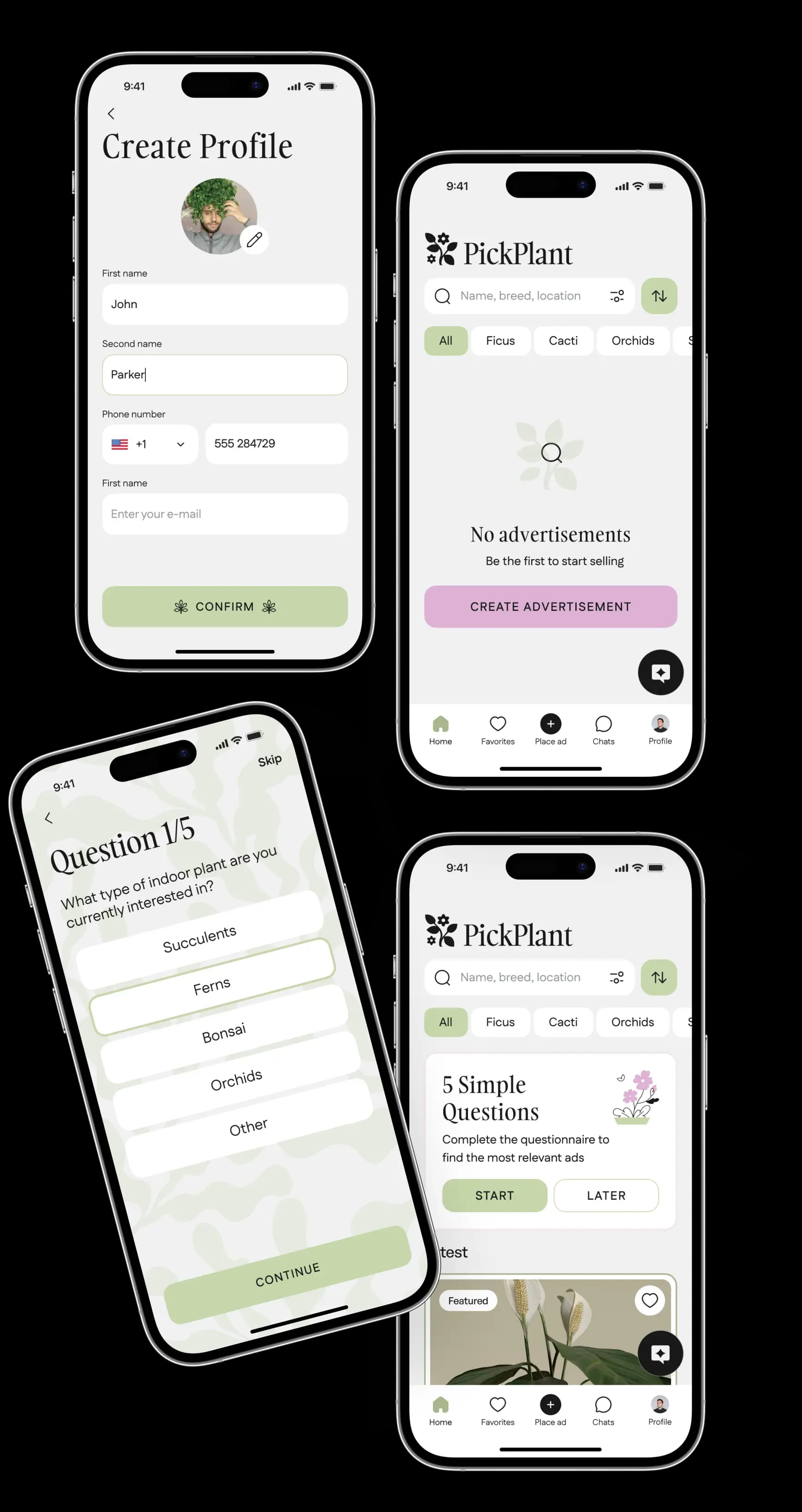Phone screens of the plant marketplace app on a dark background.