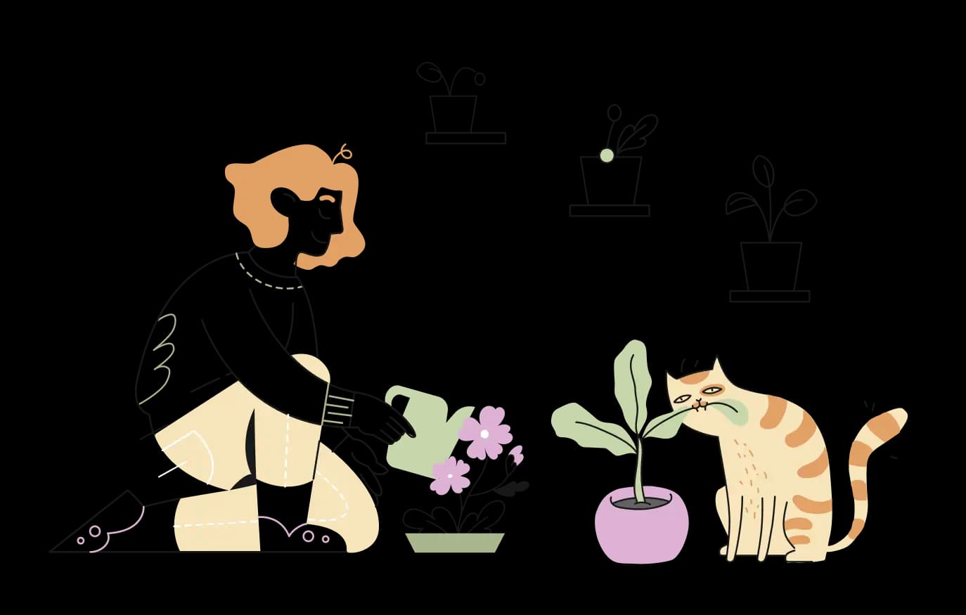 Line illustrations of a person watering flowers, a cat beside a potted plant, and houseplants in pots.