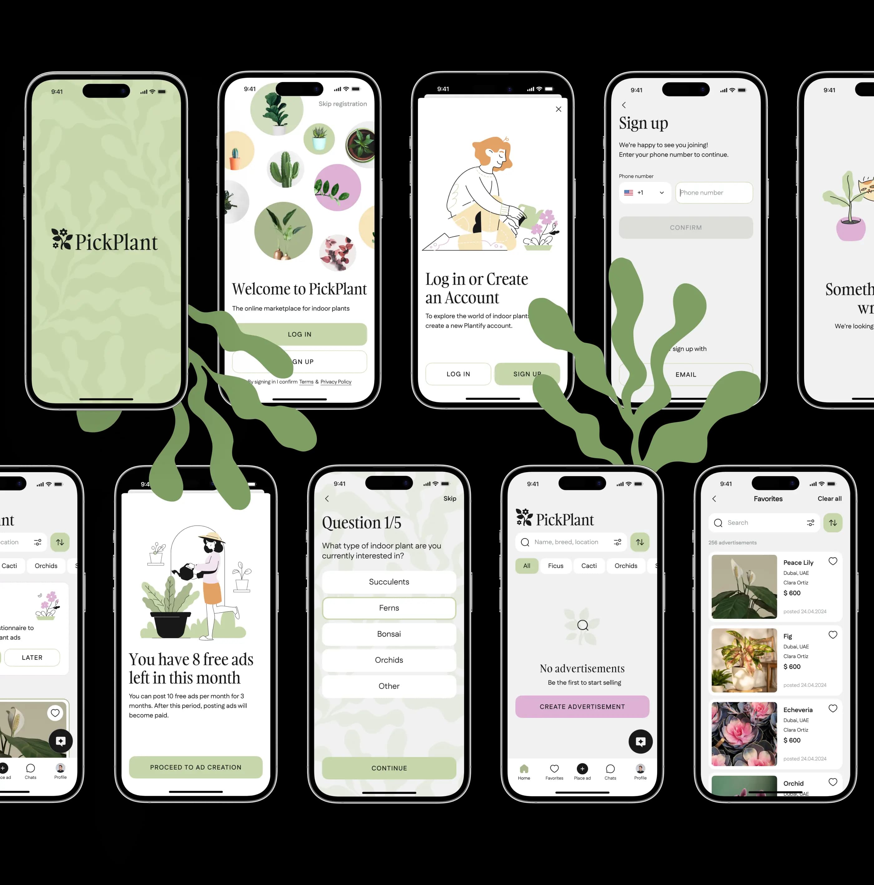 Grid of plant marketplace app screens showing the full interface design.