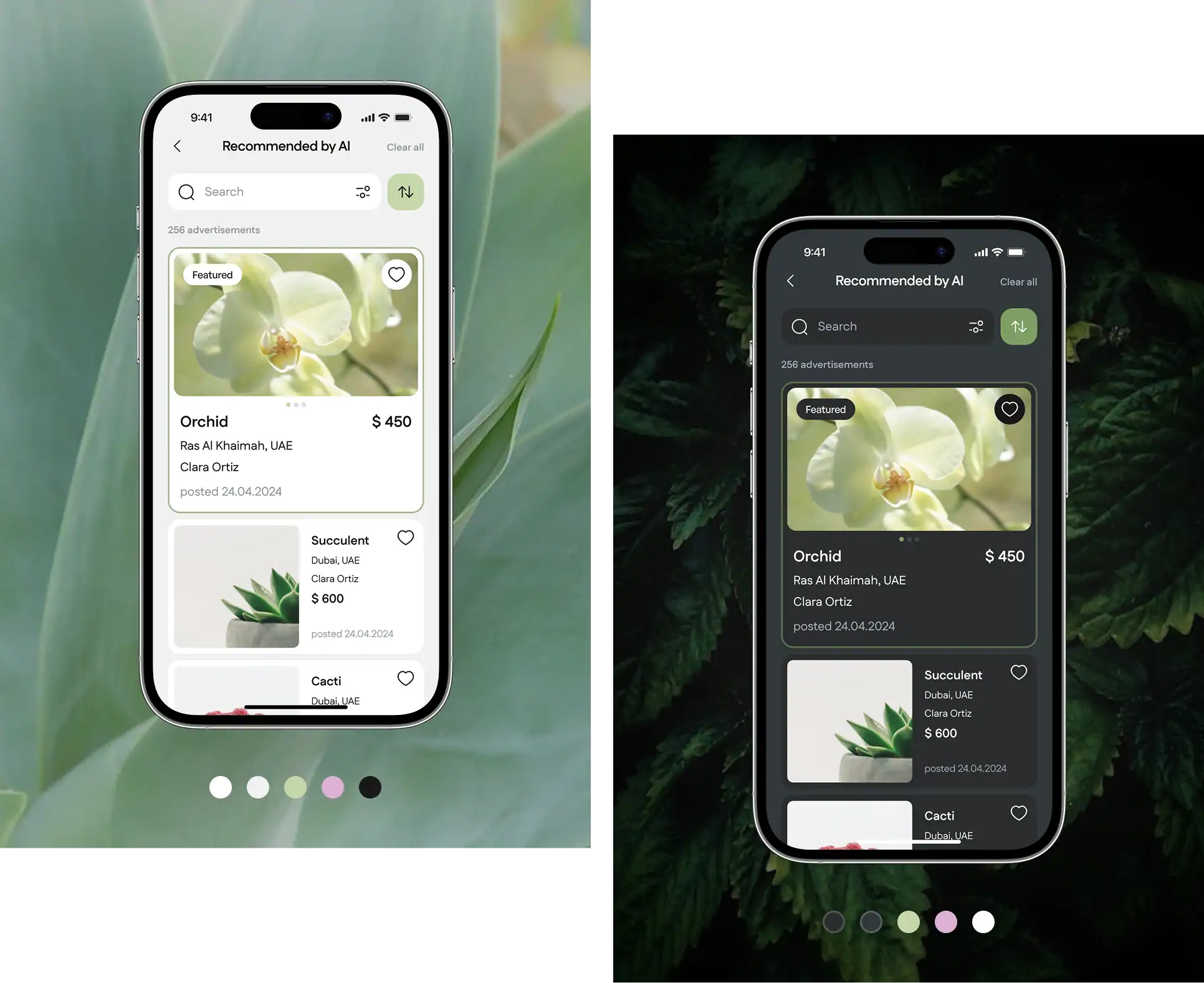 Plant marketplace app screens shown side by side in light and dark modes.