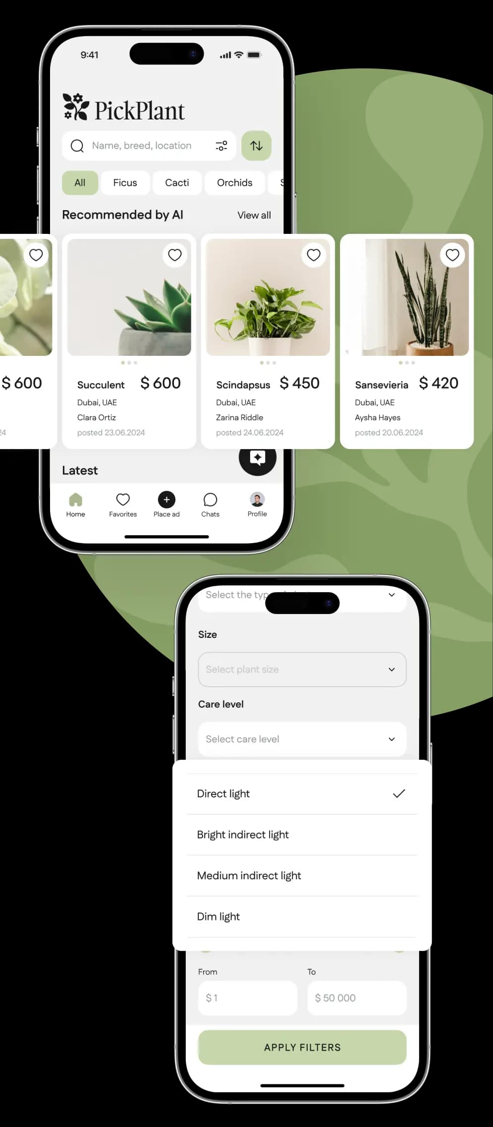 Phone screens showing the plant listings feed and search filters in the marketplace app.