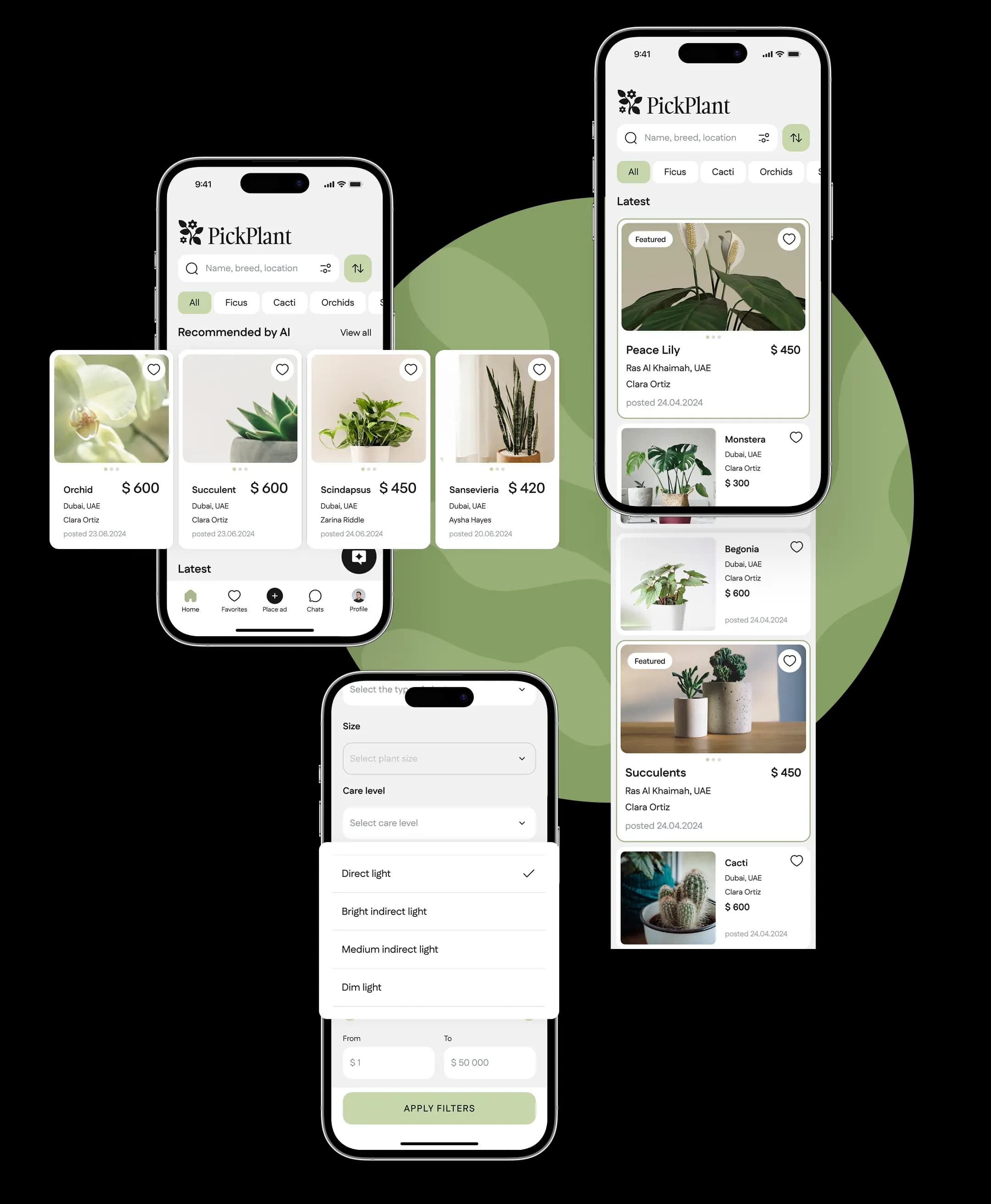 Phone screens showing the plant listings feed and search filters in the marketplace app.
