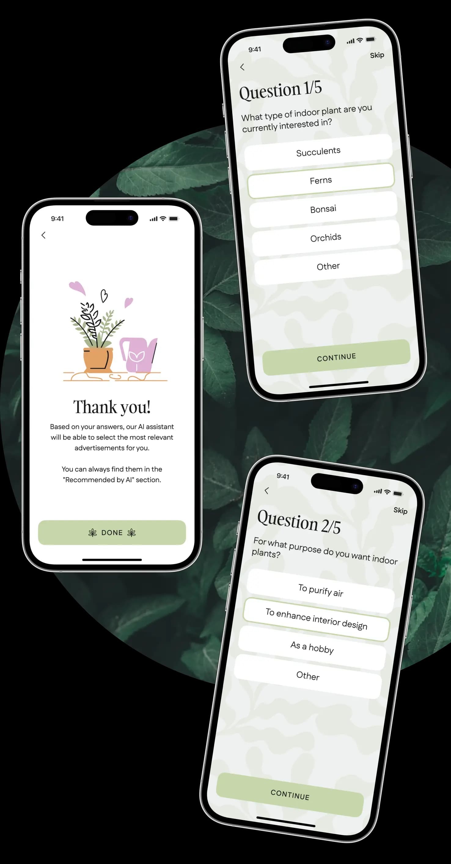 Phone screens of the onboarding survey asking new users about their plant preferences.