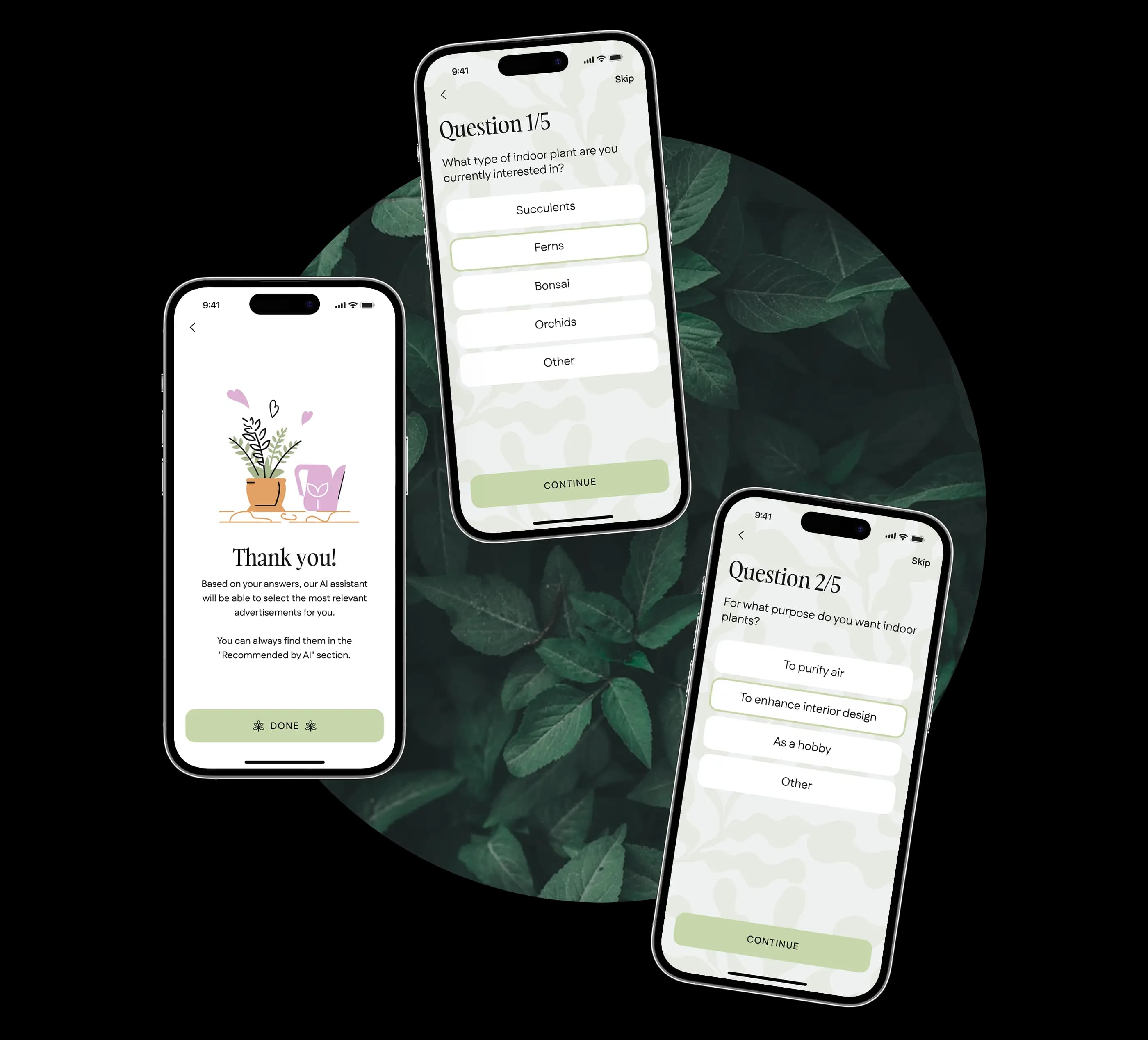 Phone screens of the onboarding survey asking new users about their plant preferences.