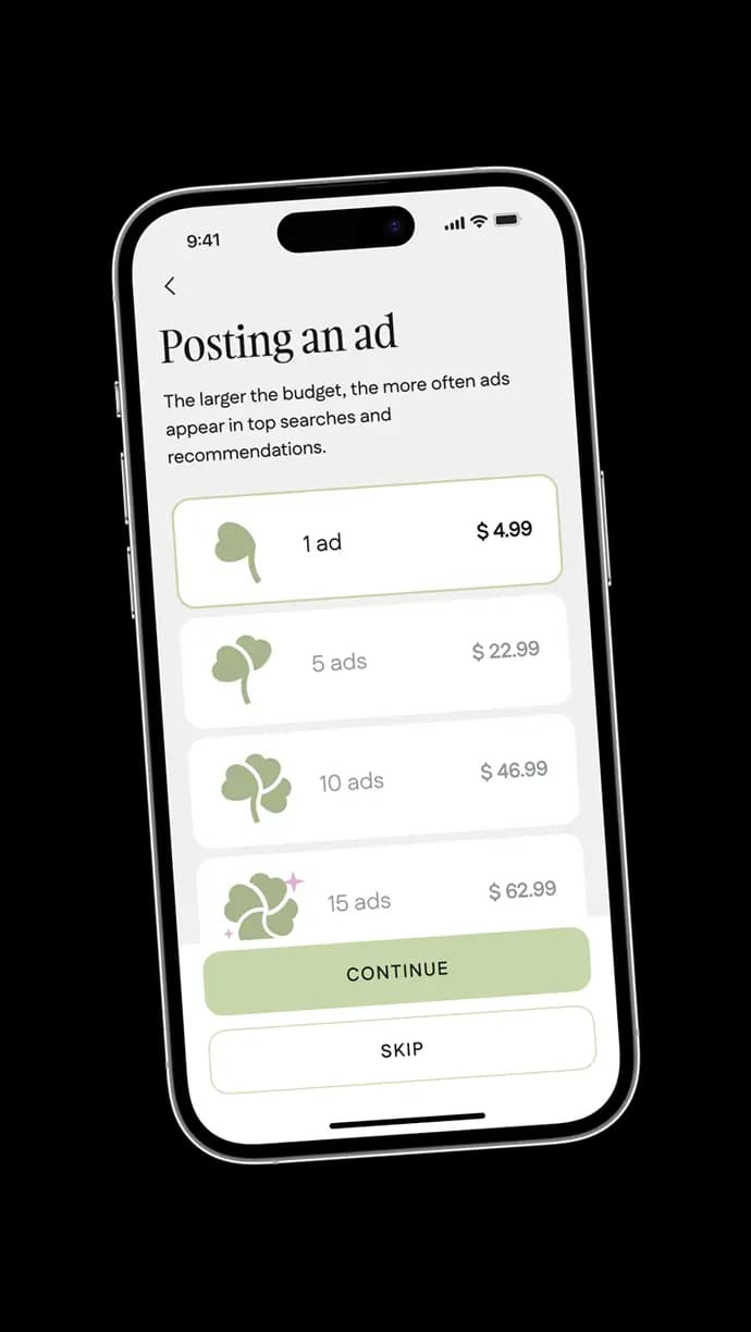 Phone screen for buying ad packs to post more plant listings.