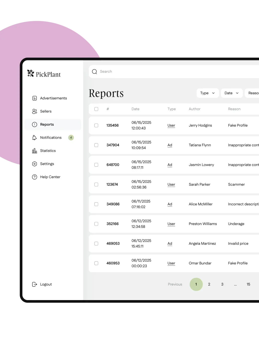 Admin panel reports table listing user and ad complaints with their status.