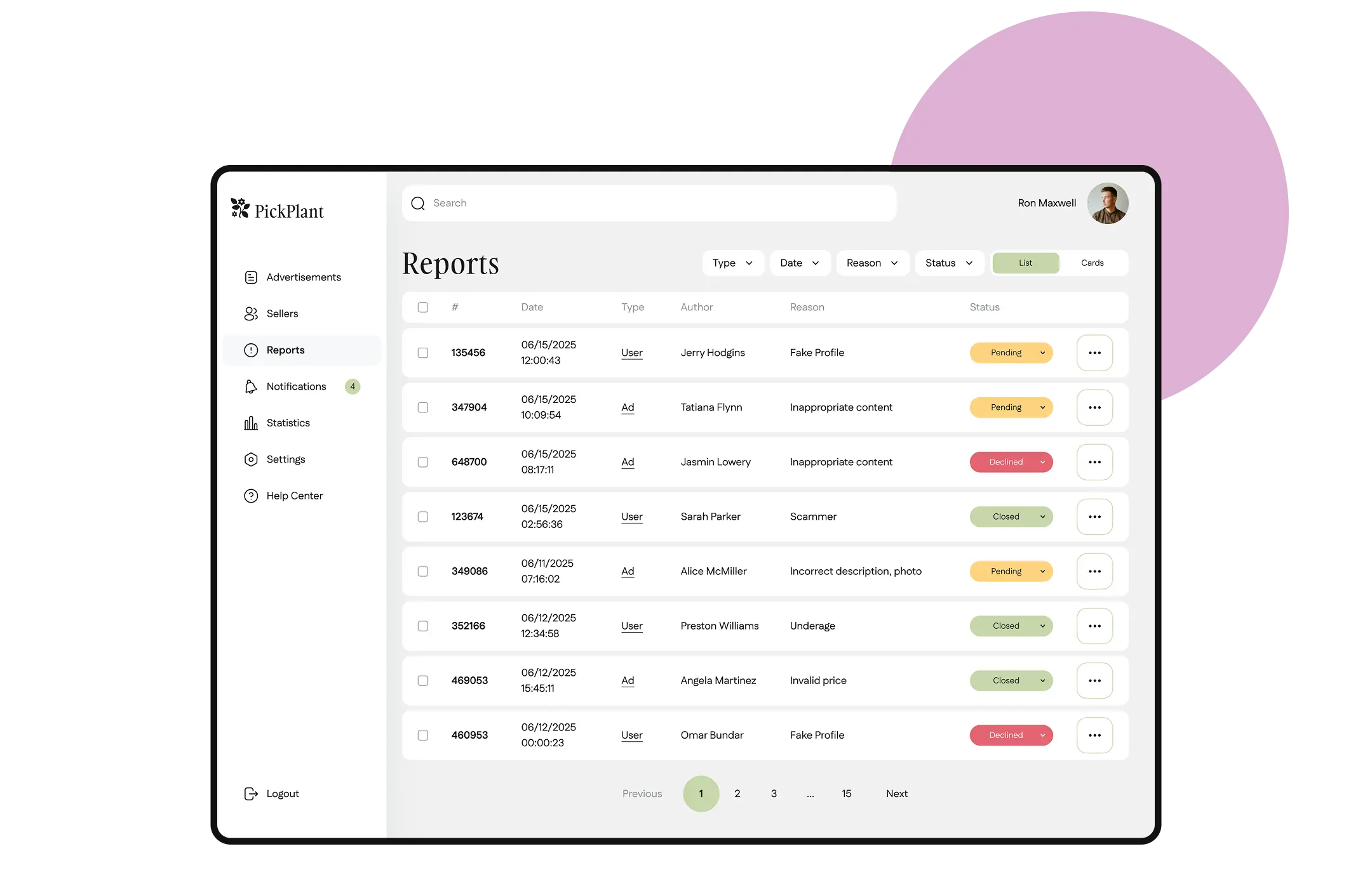 Admin panel reports table listing user and ad complaints with their status.