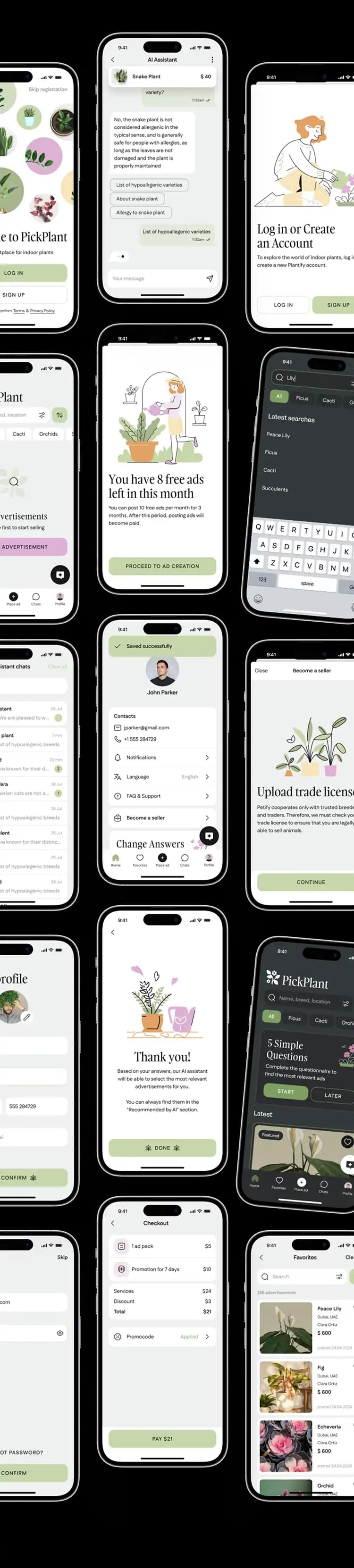 Phone screens showcasing the finished plant marketplace app interface.
