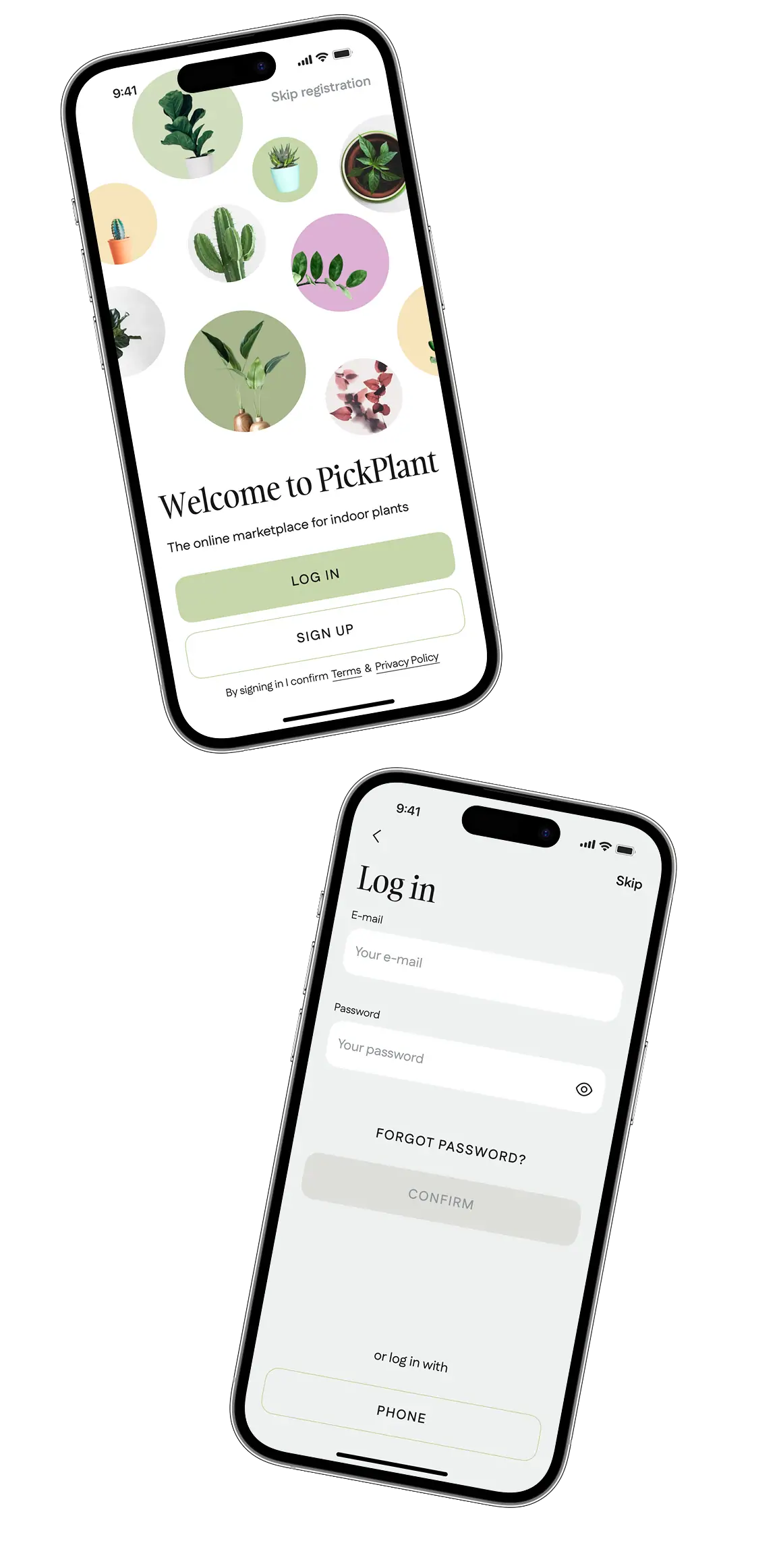 Phone welcome and log-in screens for a plant marketplace account.