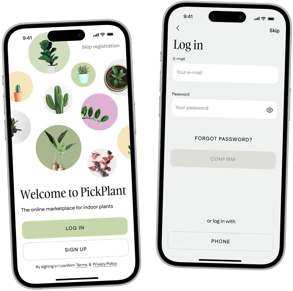 Phone welcome and log-in screens for a plant marketplace account.