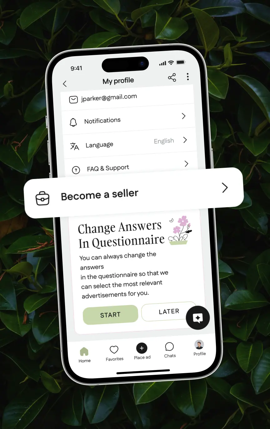 Phone profile screen with the Become a seller option as the first step.