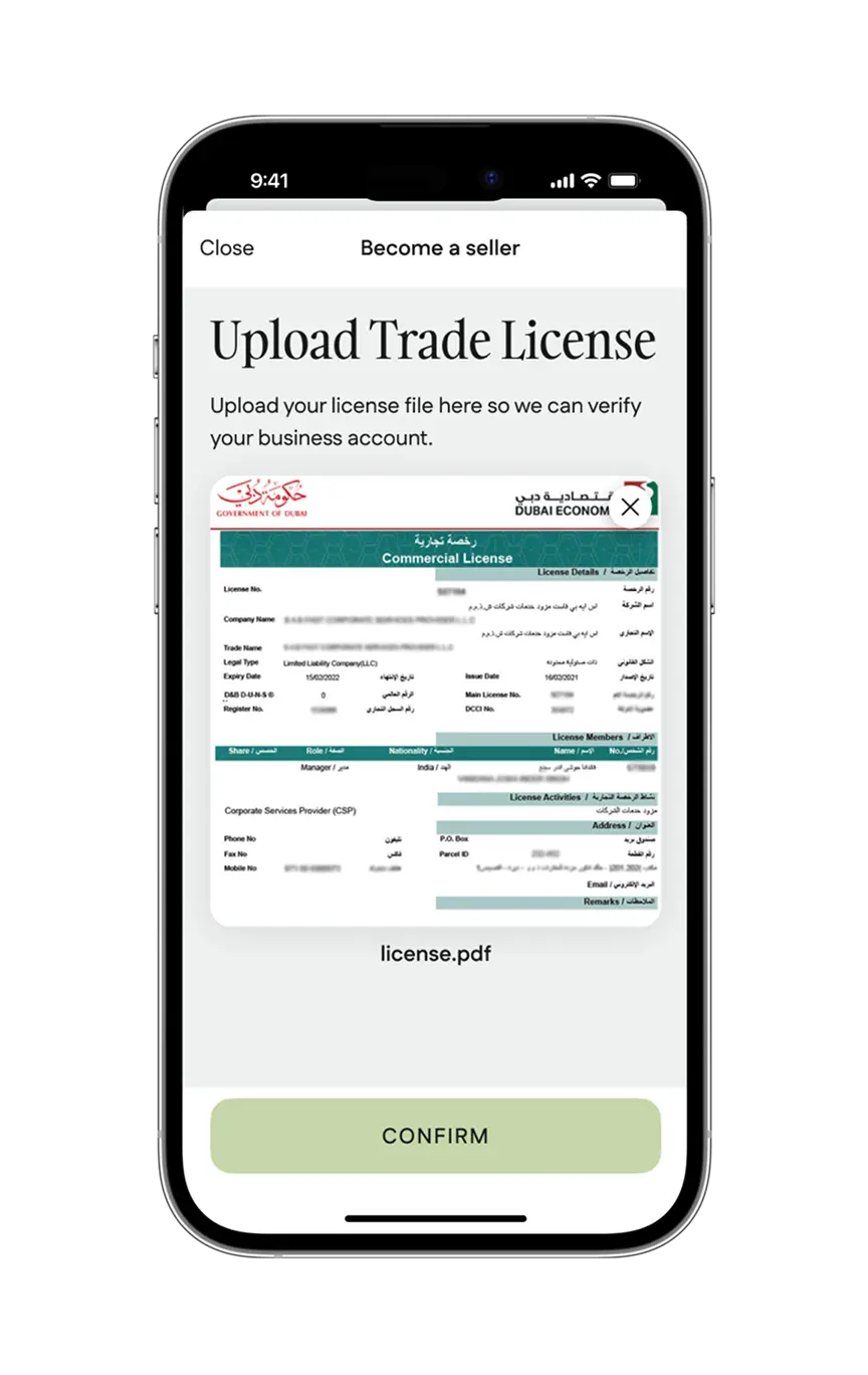 Phone screen for uploading a trade license to verify a seller account.