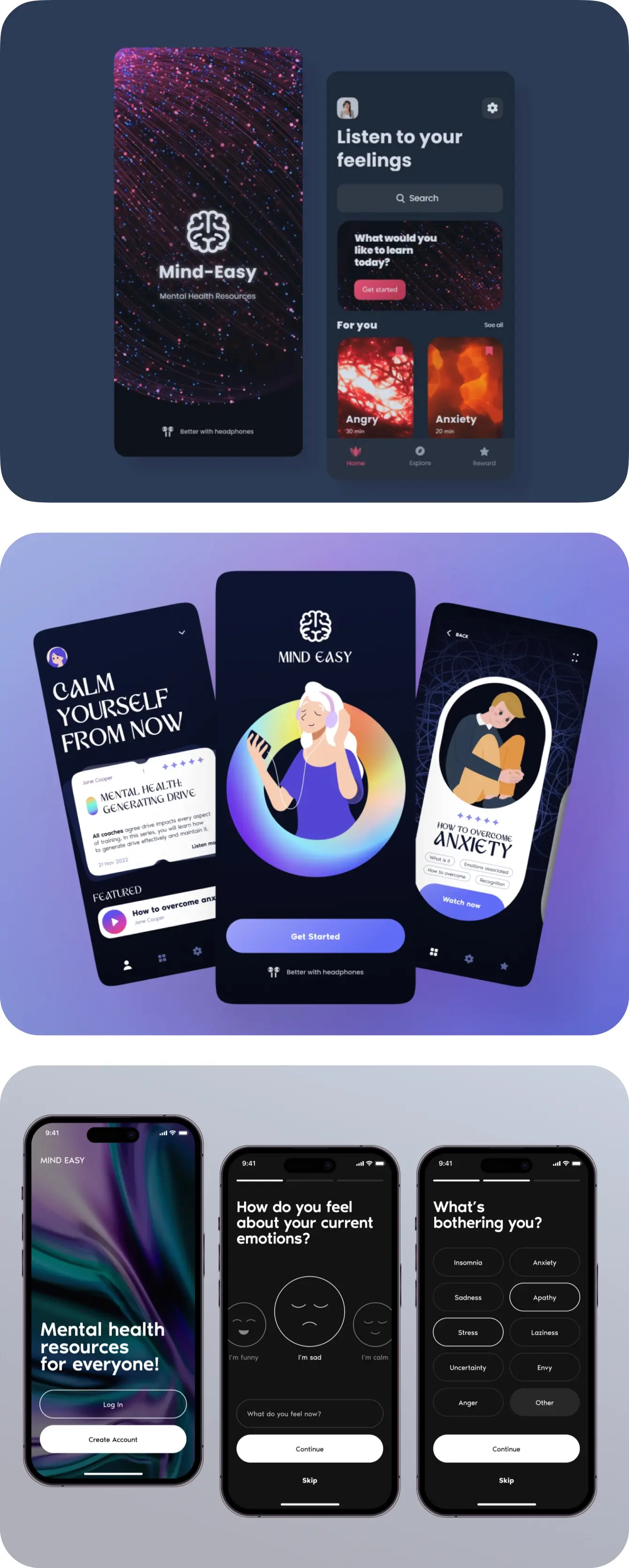 Three early Mind Easy concept boards, each with dark app screens in a different visual direction.