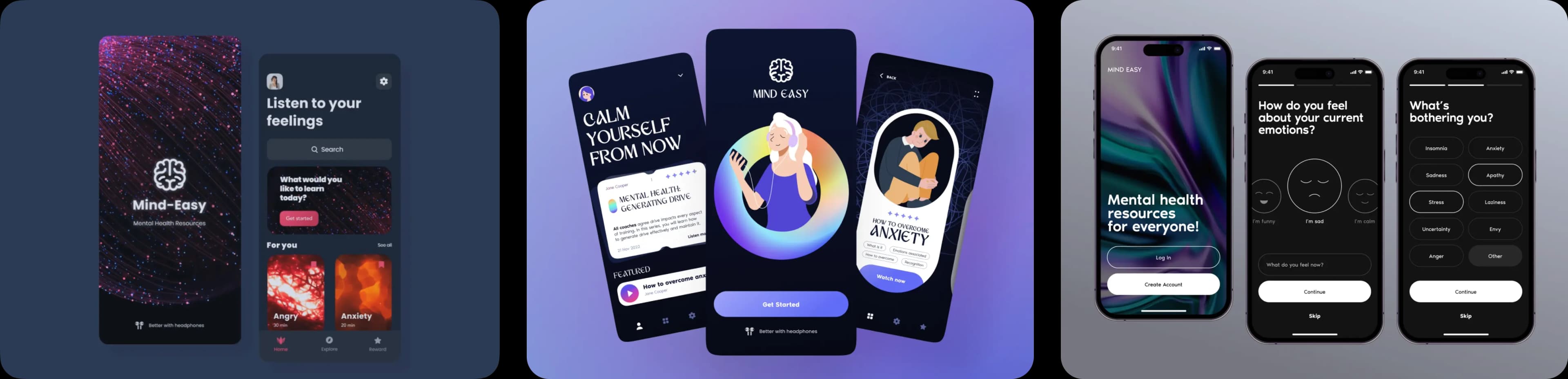 Three early Mind Easy concept boards, each with dark app screens in a different visual direction.