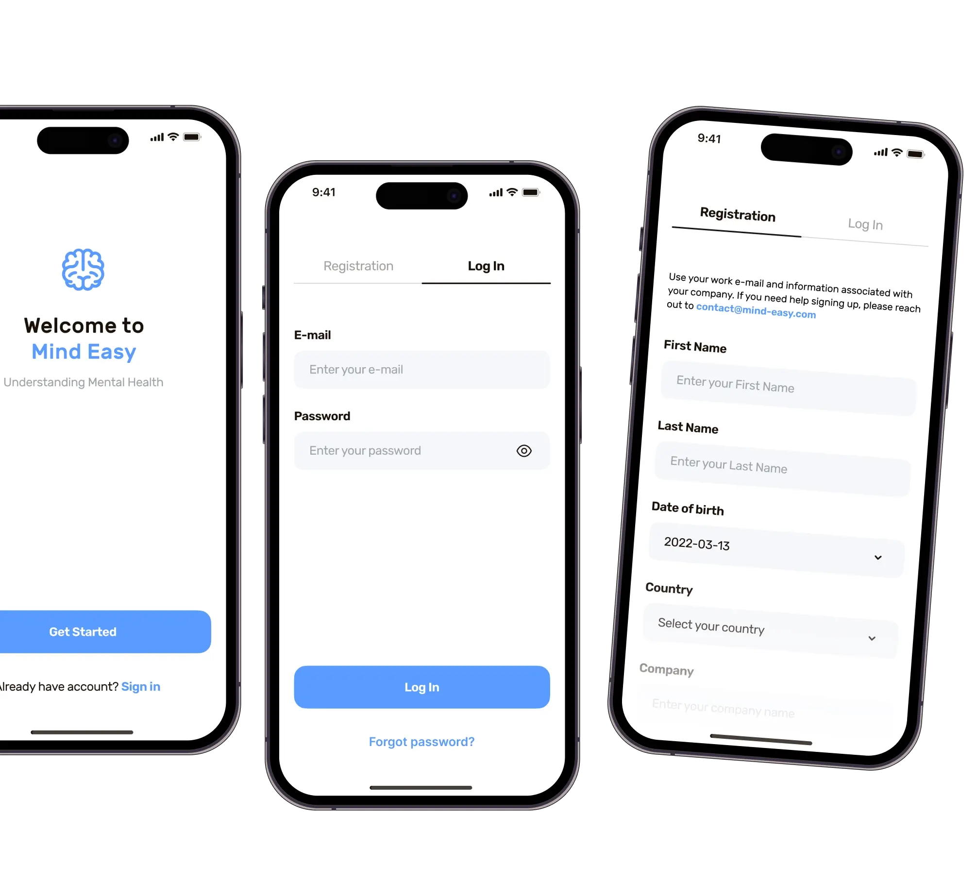 Three Mind Easy phone screens: the welcome screen, email and password log in, and the registration form.